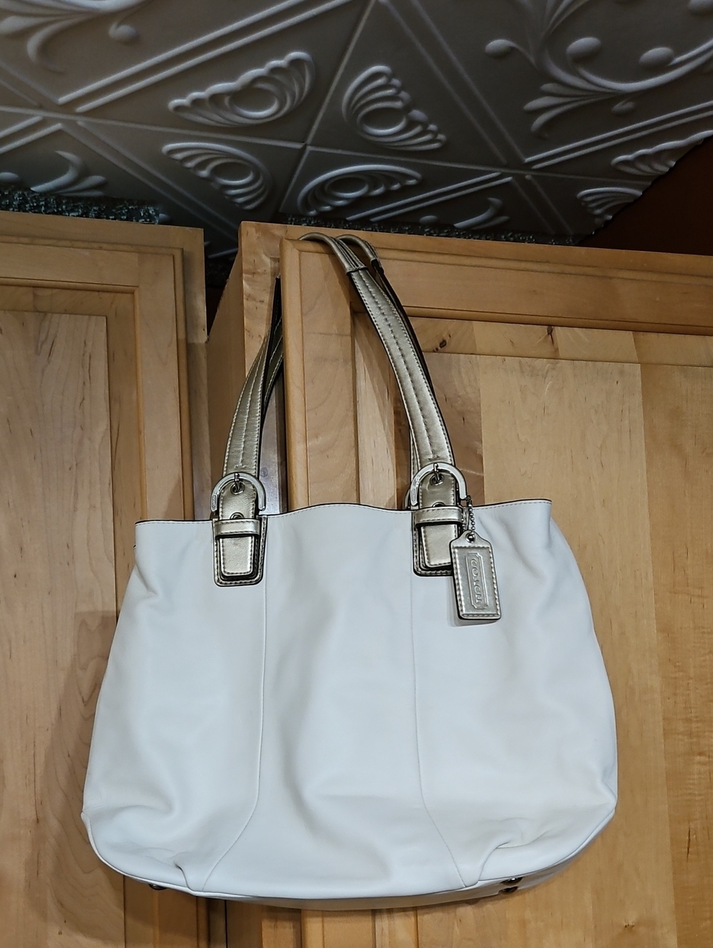 Vintage Coach Soho North South Ivory Metallic Gold Leather Shoulder Tote Bag Y2K